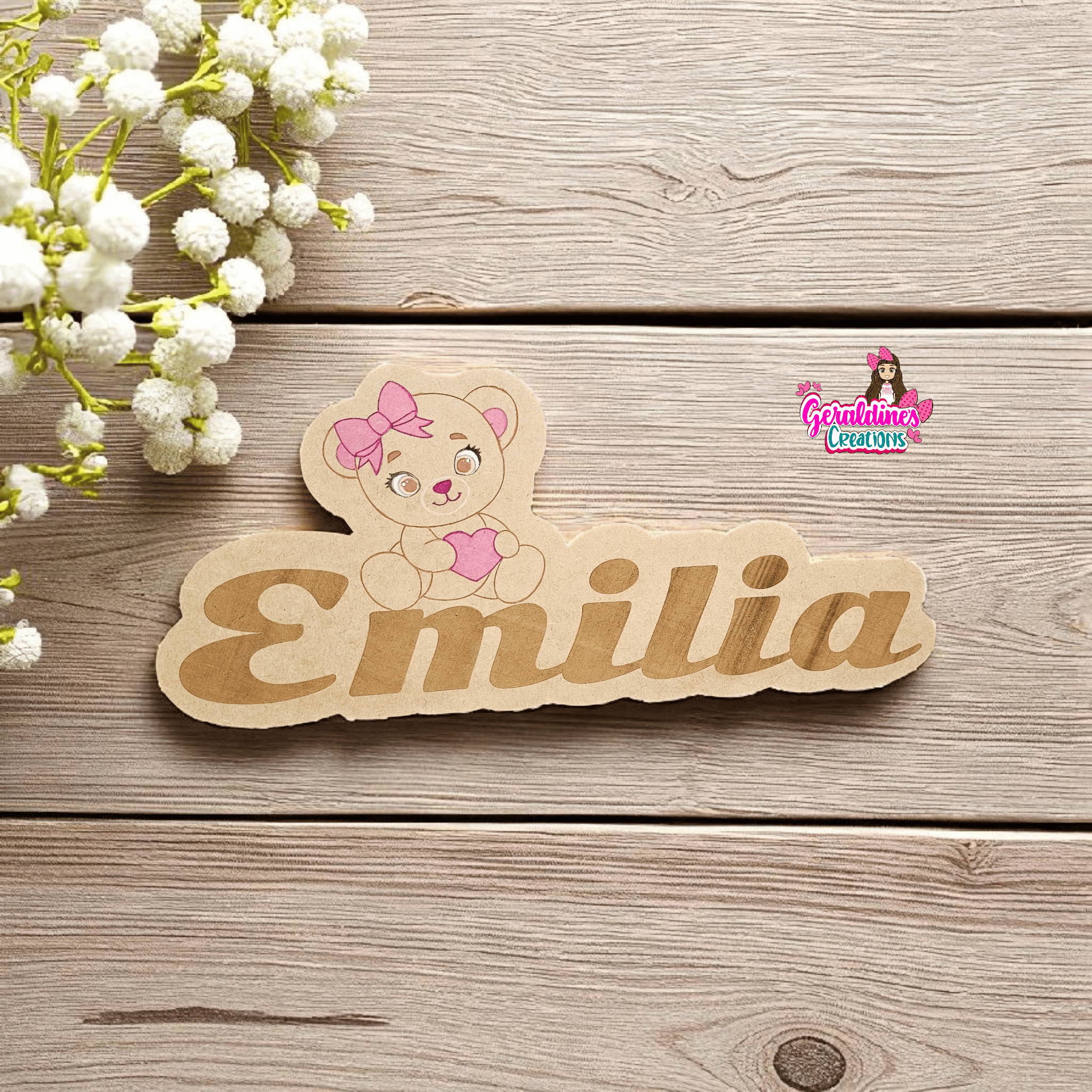 Custom Wood Nursery Name Bear Girl Bow